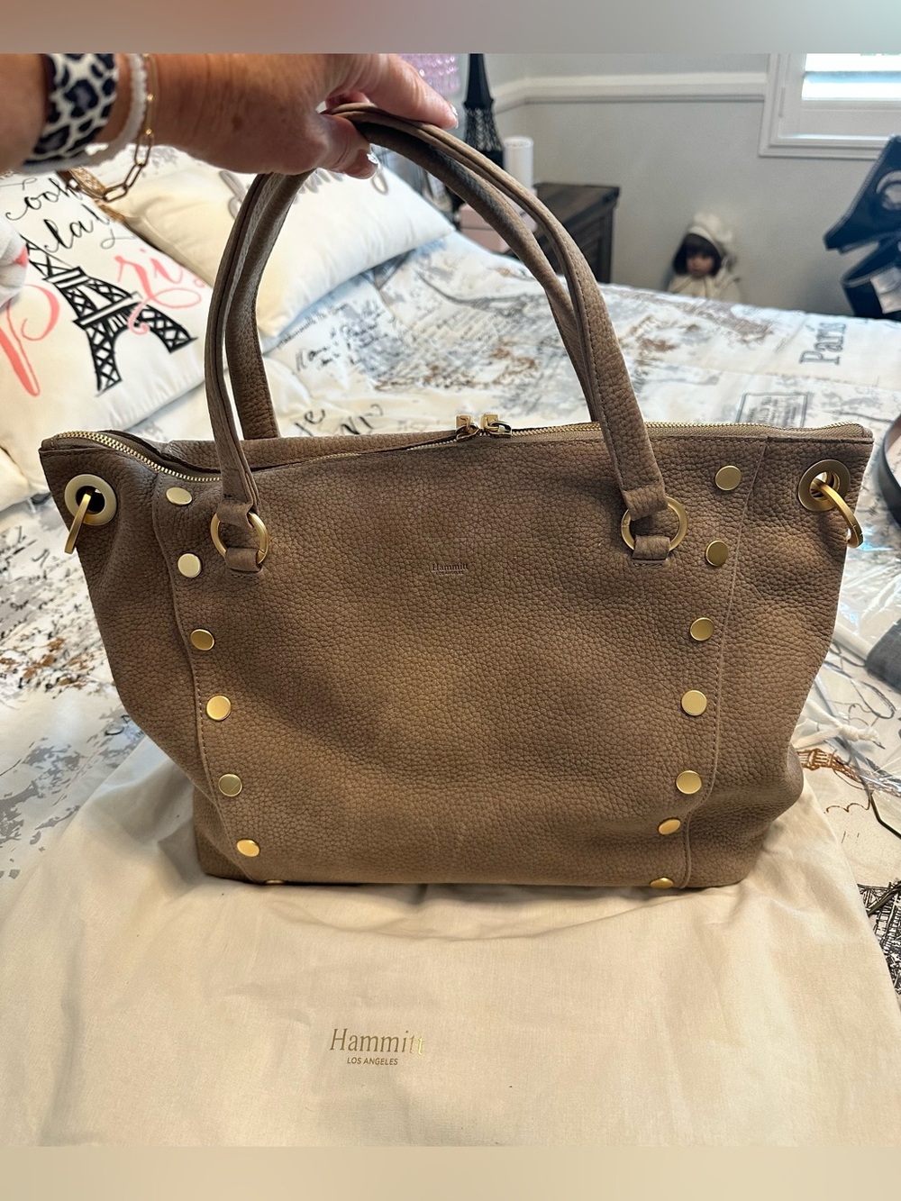 Hammitt Taupe Suede Matte Gold Stud Tote